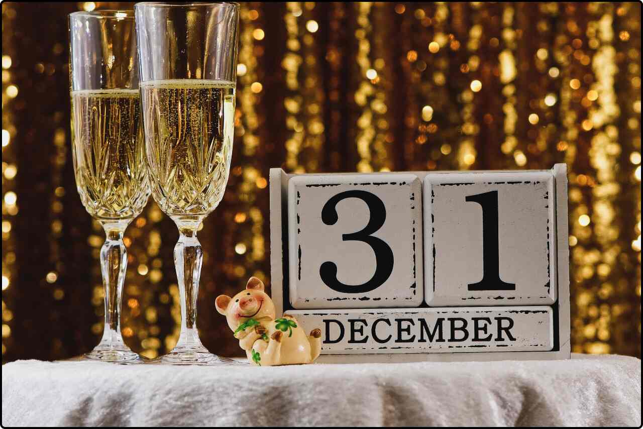 Two glasses of champagne with a 31 Dec date card for New Year's Eve celebration.